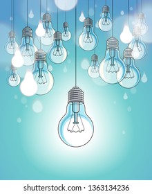 Idea concept light bulbs vector illustration with single one is shining, think different, creativity, be special, leadership.
