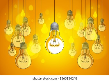 Idea concept light bulbs vector illustration with single one is shining, think different, creativity, be special, leadership.