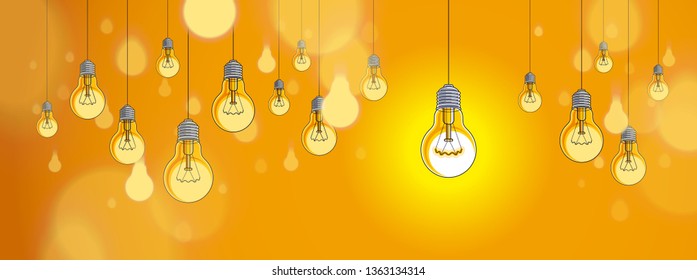 Idea concept light bulbs vector illustration with single one is shining, think different, creativity, be special, leadership.