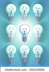 Idea concept light bulbs vector illustration with single one is shining, think different, creativity, be special, leadership.