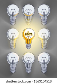 Idea concept light bulbs vector illustration with single one is shining, think different, creativity, be special, leadership.