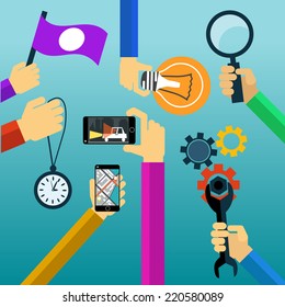 Idea concept lightbulb magnifying glass watch smartphone flat design cartoon style