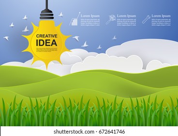 Idea concept, with mountainous background and the sky with flying birds through clouds. paper art style. web banner and printed materials.