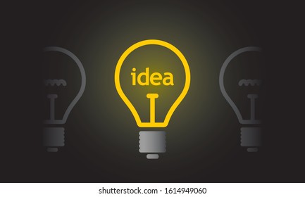 idea concept, one light bulb shines, black background, vector illustration 