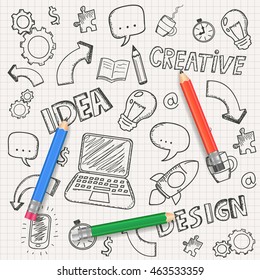 Idea concept with pencils and doodle sketches. Infographic icons. Business doodles set. Vector illustration