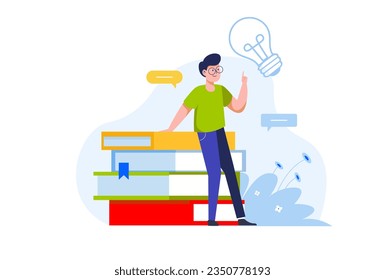 Idea-Konzept mit Menschen-Szene in der flachen Cartoon-Design. Der Typ kam auf eine coole Idee, nachdem er ein paar Bücher vor der Inspiration gelesen hatte. Vektorgrafik.