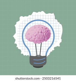 Concepto de idea de arte pop. Lámpara de cerebro de medio tono. Pensamiento creativo Descubrimientos científicos. Aprendizaje exitoso. Brainstorm., cartel de innovación