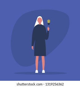 Idea Concept. Problem solving. Aha moment. Young female character pointing a finger on the light bulb / flat editable vector illustration, clip art