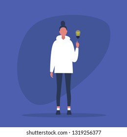 Idea Concept. Problem solving. Aha moment. Young female character pointing a finger on the light bulb / flat editable vector illustration, clip art