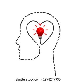 Idea concept with red polygon light bulb, heart shape and human head. Person and profile face outline as dotted line.