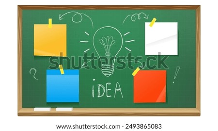 Idea concept. School board with stickers. Place for notes. Light bulb drawn in chalk. Vector graphics.