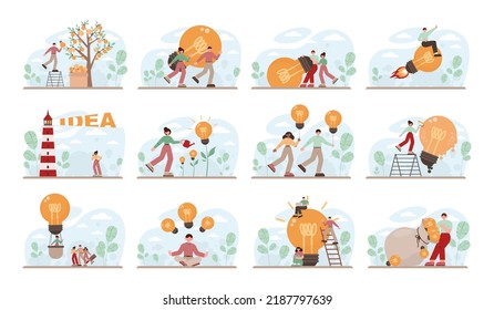 Idea concept set. Creative innovations or solutions generation. Thoughtfulness and imagination. Light bulb as metaphor. Flat vector illustration