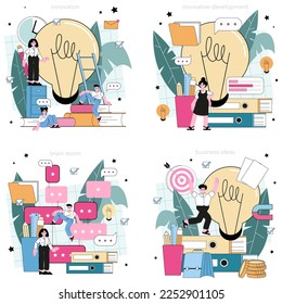 Idea concept set. Creative innovations or solutions generation. Thoughtfulness and imagination in a brainstorm. Light bulb as metaphor. Flat vector illustration