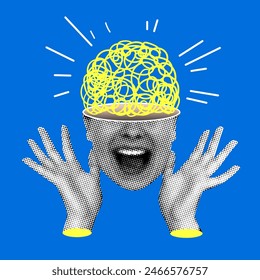 Idea concept. Shining brain inside womans head. Creative thinking in business. Scientific discoveries. Successful learning. Brainstorm. Halftone design elements cut from newspaper. Emotion of surprise