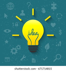 Idea concept with shining lightbulb and related icons in the background