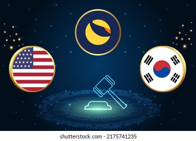 Idea concept of South Korea and USA collaborating to investigate the collapse of the Terra Ecosystem. South Korea and USA flags and Terra logo on abstract background.