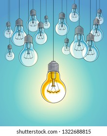 Idea concept, think different, light bulbs group vector illustration with single one is shining, creative inspiration, be special, leadership.