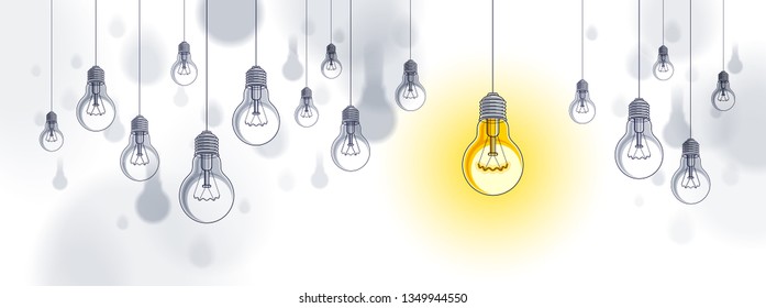 Idea concept, think different, light bulbs group vector illustration with single one is shining, creative inspiration, be special, leadership.