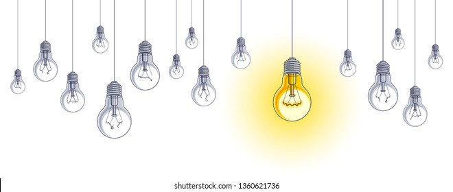 Idea concept, think different, light bulbs group vector illustration with single one is shining, creative inspiration, be special, leadership.