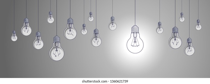 Idea concept, think different, light bulbs group vector illustration with single one is shining, creative inspiration, be special, leadership.