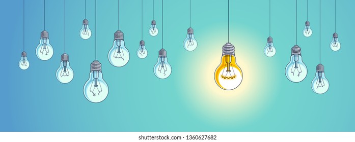 Idea concept, think different, light bulbs group vector illustration with single one is shining, creative inspiration, be special, leadership.
