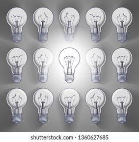 Idea concept, think different, light bulbs group vector illustration with single one is shining, creative inspiration, be special, leadership.