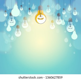 Idea concept, think different, light bulbs group vector illustration with single one is shining, creative inspiration, be special, leadership. Composition with copy space for text.