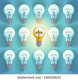 Idea concept, think different, light bulbs group vector illustration with single one is shining, creative inspiration, be special, leadership.