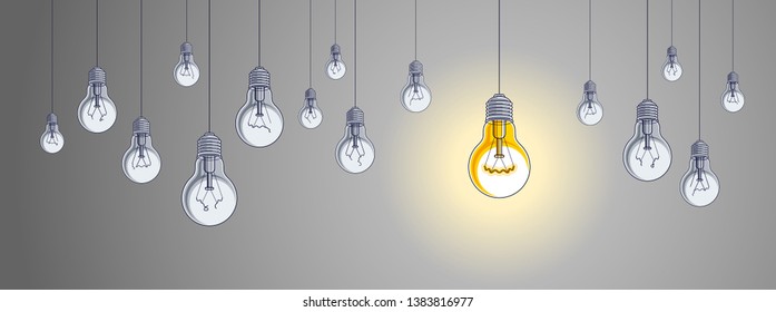 Idea concept, think different, light bulbs group vector illustration with single one is shining, creative inspiration, be special, leadership.