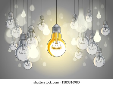 Idea concept, think different, light bulbs group vector illustration with single one is shining, creative inspiration, be special, leadership.
