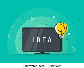 Idea concept with TV screen and light bulb. Trendy flat vector on green background. Vector Illustration.