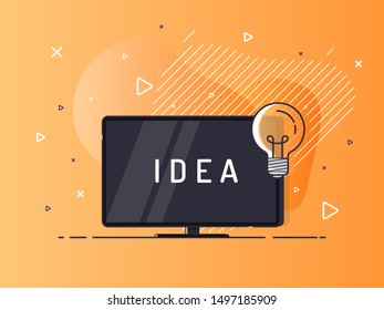 Idea concept with TV screen and light bulb. Trendy flat vector on fluid background. Vector Illustration.