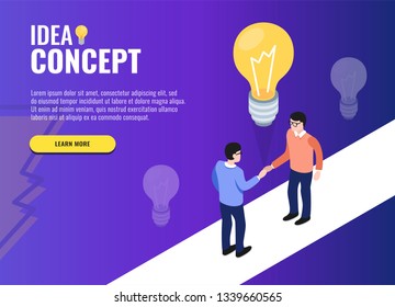 Idea concept concept. Users shake hands. Web banner, infographics. Isometric vector illustration.