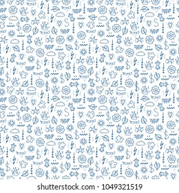 Idea Concept with Various Items Vector Seamless Pattern. Hand drawn doodle Random objects Background