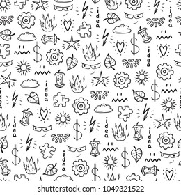 Idea Concept with Various Items Vector Seamless Pattern. Hand drawn doodle Random objects Background