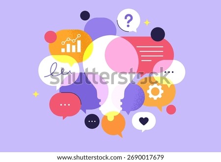 Idea Concept. Vector abstract illustration of colorful speech bubbles symbolizing communication, collaboration, and the exchange of creative ideas—concept of teamwork and shared thinking process.