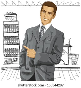 Idea concept. Vector business man show something with his finger. All layers well organized