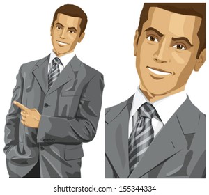 Idea concept. Vector business man show something with his finger. All layers well organized