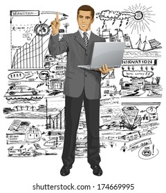 Idea concept. Vector business man shows something with his finger