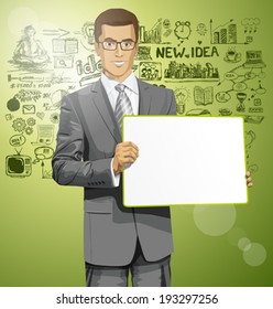 Idea concept. Vector Business man holding empty white board in his hands