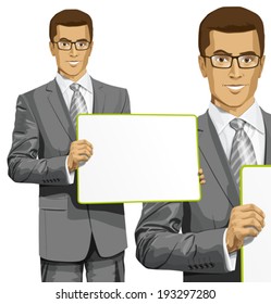 Idea concept. Vector Business man holding empty white board in his hands