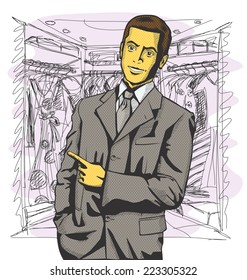 Idea concept. Vector business man show something with his finger