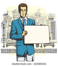 Konzept der Idee. Vector Business Mann mit leerem Schreibtisch in den Händen