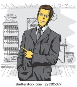 Idea concept. Vector business man show something with his finger