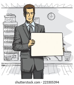 Idea concept. Vector Business man holding empty write board in his hands