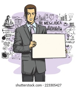 Idea concept. Vector Business man holding empty write board in his hands