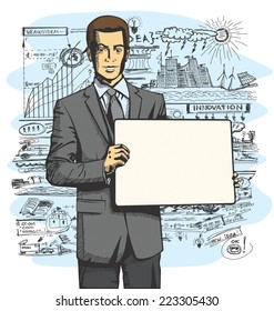 Idea concept. Vector Business man holding empty write board in his hands