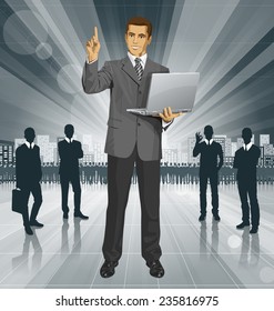 Idea concept. Vector business man shows something with his finger