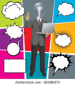 Idea concept. Vector business man shows something with his finger, with speech and thought bubbles
