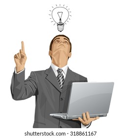 Idea concept. Vector business man looking up, looking for idea, shows something with his finger